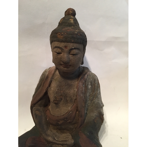 154 - Polychrome Buddha Standing 16.5 cms High Showing Signs Of Age