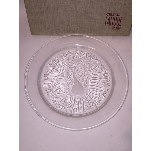 156 - Lalique Signed Crystal Glass Plate Dated 1970 With Peacock Decoration 21 cms Diameter.