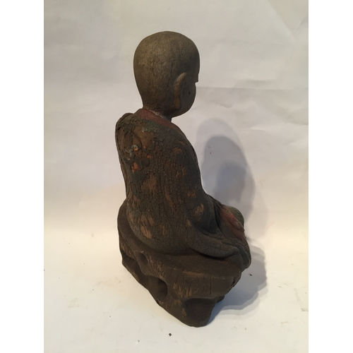 151 - A  POLYCHROME WOOD BUDDHA 26CMS