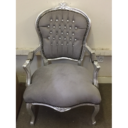 91 - Good quality louis style chair with  Grey Velvet With Diamanté On Silver Frame .