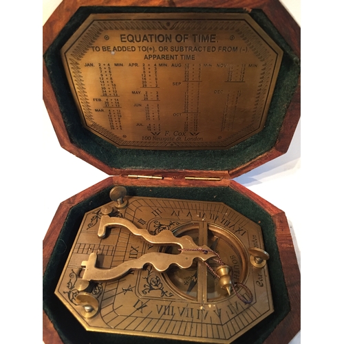 164 - Cased F . COX  Brass Sundial Compass