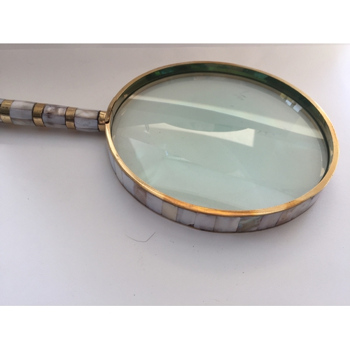 207 - Huge Antique Style Mother Of Pearl Handle And Rim Over Brass Construction Magnifying Glass  42 cms x... 