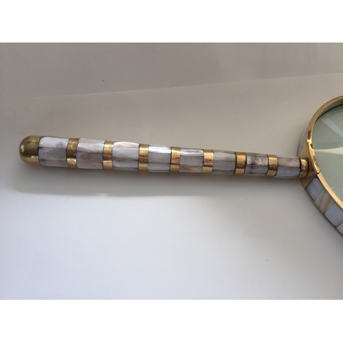 207 - Huge Antique Style Mother Of Pearl Handle And Rim Over Brass Construction Magnifying Glass  42 cms x... 