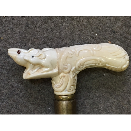 251 - Walking stick with decorated carved bone top of mice