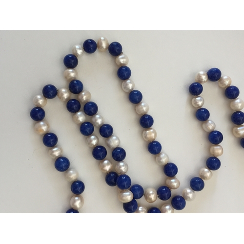 280 - Freshwater White Pearl And Blue Glass Bead Necklace