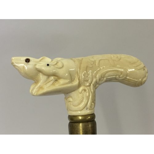 120 - Good Quality Carved Bone Walking Stick In The Form Of 2 Mice.