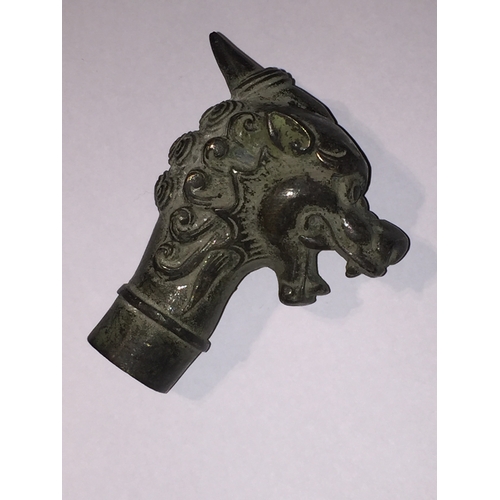 121 - Bronze Walking Stick Finial / Top In The Form Of A Dragon Or Foo Dog.