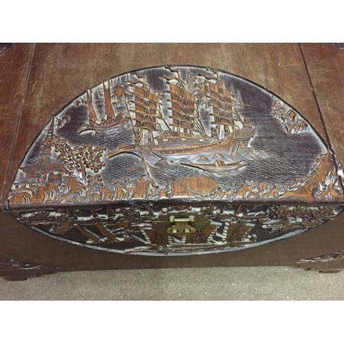 38 - LARGE ORIENTAL CHINESE HEAVILY CARVED CAMPHOR WOOD BLANKET BOX , CHEST ,TRUNK