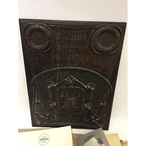 391 - A Military Carved Wood Relief Named To W Hunt New York Along with relating Photos Etc And A Signed L... 