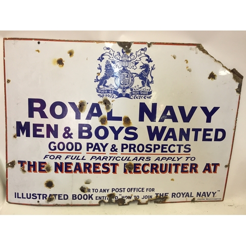 502 - Rare Enamel Royal Navy Recruitment Advertising Sign, Some Losses  86 x 62 cms