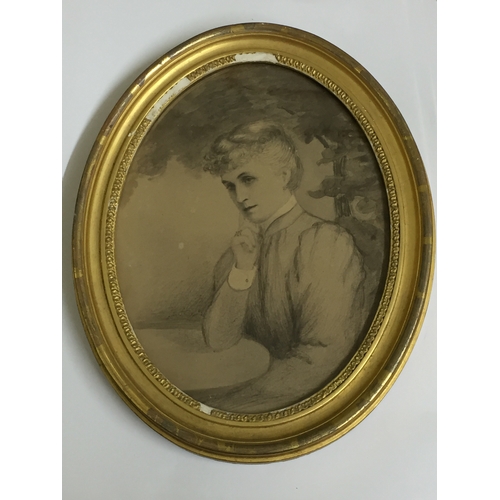 114 - Miniature Sketched Portrait Of A Lady In Oval Frame. 23cms.