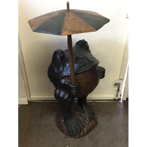 59 - Very Large Carved Wood Frog With Umbrella Standing 110 Cms High