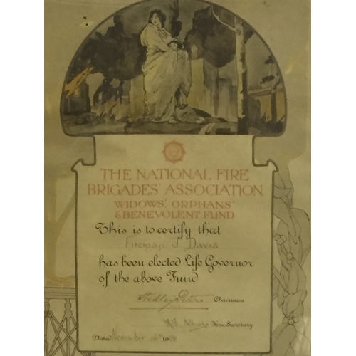 85 - Framed National Fire Brigade Association Widows Orphans & benevolent Fund Certificate To Fireman J D... 