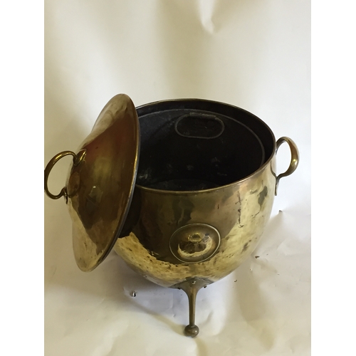 18 - Antique brass Art Nouveau coal log scuttle / box with lid On Tri Pod Legs With Internal Bucket.