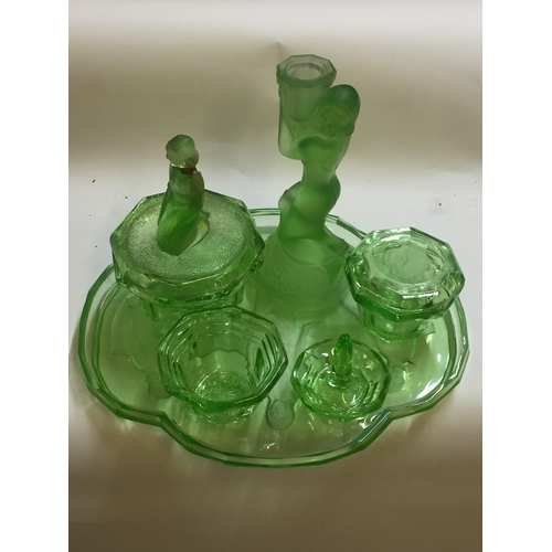 412 - Vintage Green Glass Art Deco Style Dressing Table Set