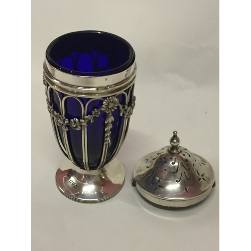 107 - Silver Hallmarked Shaker With Blue Glass Insert