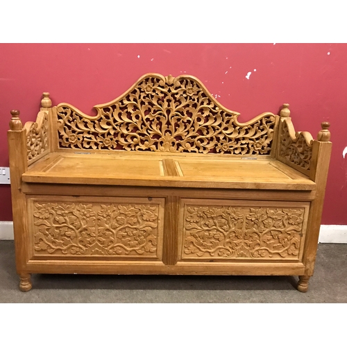 19 - Carved Pine Settle / Blanket Box  Measures 120x50cm