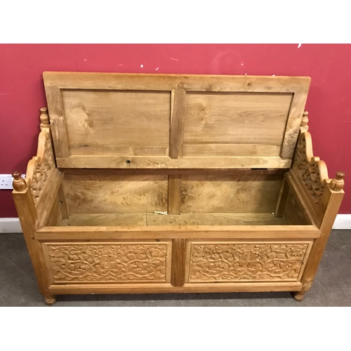 19 - Carved Pine Settle / Blanket Box  Measures 120x50cm