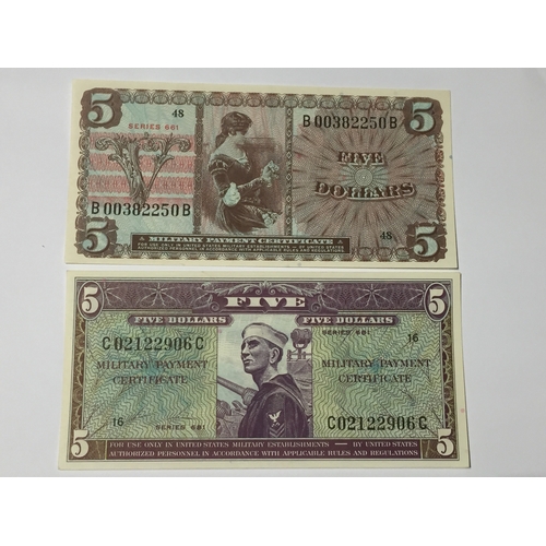 61 - 2 X Uncirculated 5 Dollar MPC, Military Payment Certificate. Official notes issued to military perso... 