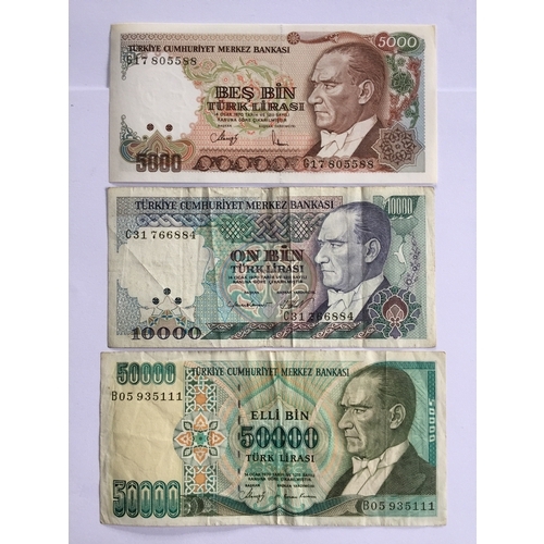 72 - High Denomination Central Bank Of Turkey 5000 10000 And 50000 Lirasi Notes, UNC,VF.EXF (3)