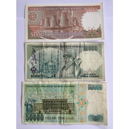 72 - High Denomination Central Bank Of Turkey 5000 10000 And 50000 Lirasi Notes, UNC,VF.EXF (3)