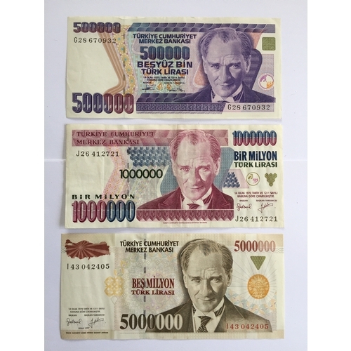 74 - 3 Uncirculated High Denomination Central Bank Of Turkey Lira Notes , 50000, 1000000 , And 5000000 No... 