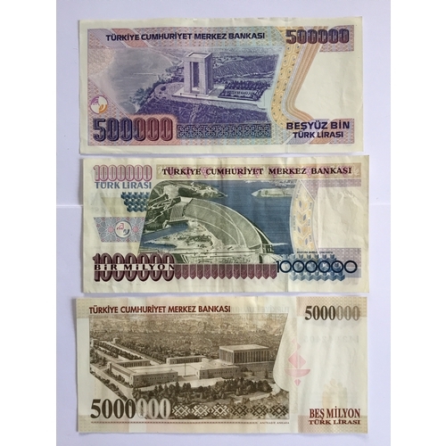 74 - 3 Uncirculated High Denomination Central Bank Of Turkey Lira Notes , 50000, 1000000 , And 5000000 No... 