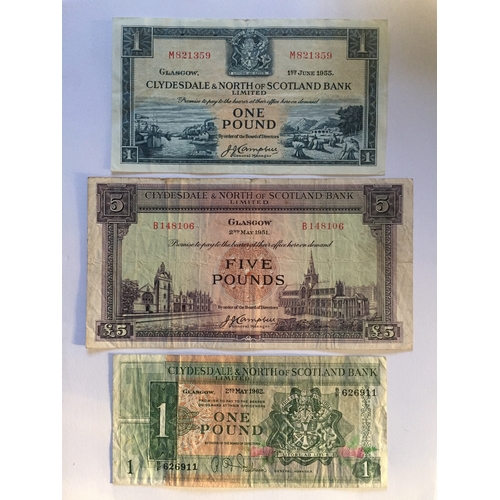 97 - Clydesdale & North Of Scotland Bank Limited Notes 2 X One Pound, One From Glasgow 1955 UNC Along wit... 