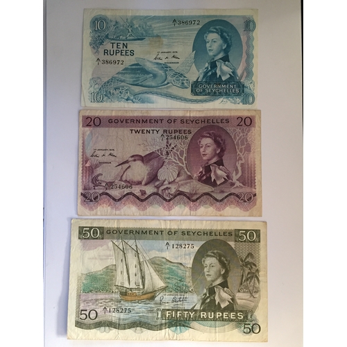 98 - Government Of Seychelles Regular Issue Notes 10,20,50 Rupees  All 1970's VF To EVF (3) Please Note T... 