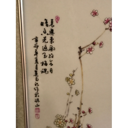 79 - Chinese Framed Porcelain Plaque  With Bird Decoration Measures 91x36cm