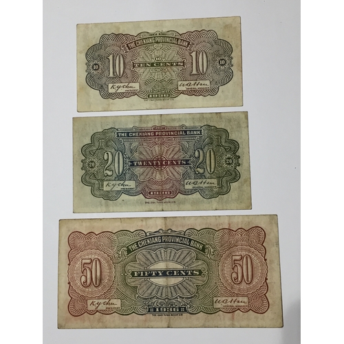 116 - Chinese Provincial Bank Of Chekiang Notes 1936, 10,20,50 Cents All VF.