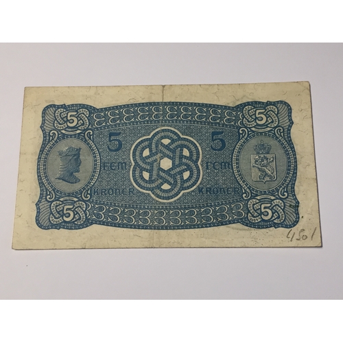 128 - WW2 Era  Norway Norges Bank 1939 Five Krone Note EXF .