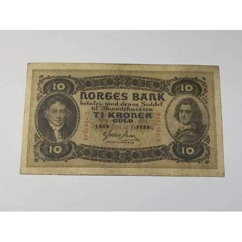 129 - WW2 Era  Norway Norges Bank Ten Kroner Note 1939 Exf.