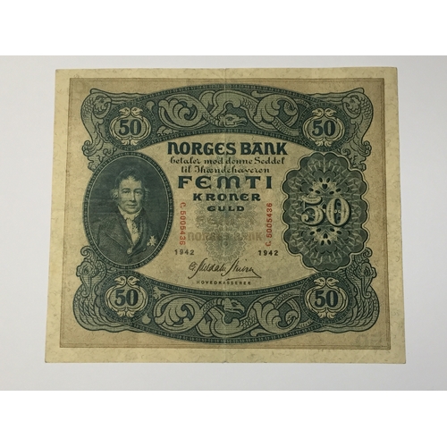 131 - WW2 Era  Norway Norges Bank 50 Kroner Note 1942 Exf.