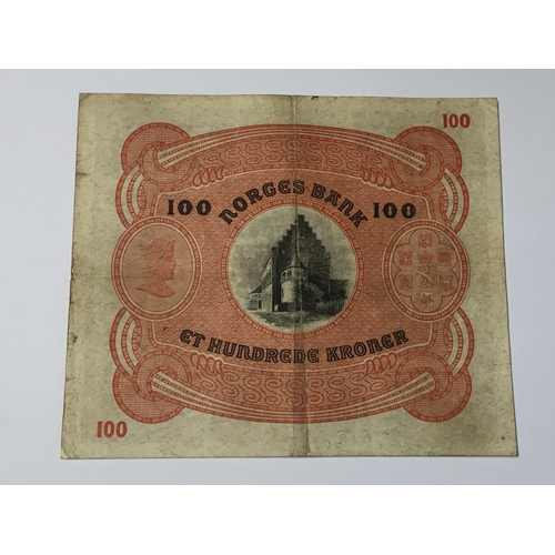 132 - WW2 Era  Norway Norges Bank 100 Kroner Note 1941 Exf.