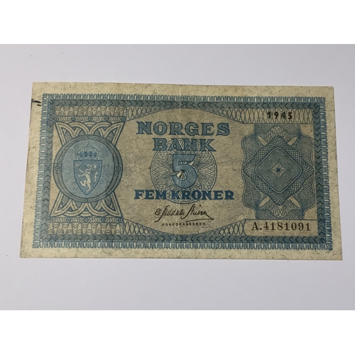 133 - Norway Norges Bank 5 Kroner Note 1945 Exf.