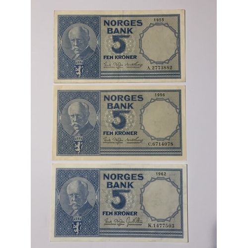 135 - 2 X 1950,s And 1 X 1960,s Norway Norges Bank 5 Kroner Notes All In Uncirculated Condition (3)