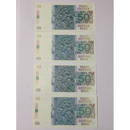 145 - 4 X  Norway Norges Bank 50 Kroner Notes From The 1990's All Uncirculated Condition .