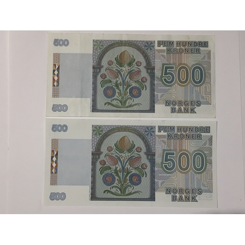 147 - 2 X Norway Norges Bank 500 Kroner Notes 1991 In Uncirculated Condition