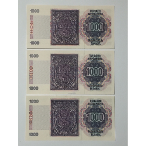 149 - 3 x Norway Norges Bank  1000 KRONER  1990  Falsen   Uncirculated  RARE Currency  Bank Notes (3)