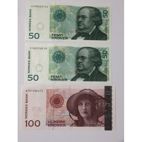 151 - 2 X 50 And 1 X 100  Norway Norges Bank Kroner Notes In Uncirculated Condition, 50 Notes Are 1996 And... 