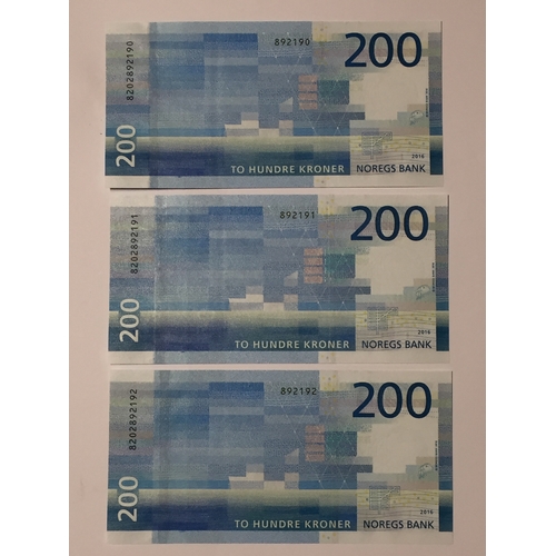 160 - 3 x Norway  Norges Bank Sequential 200 Kroner 2016 Notes In Uncirculated Condition (3)