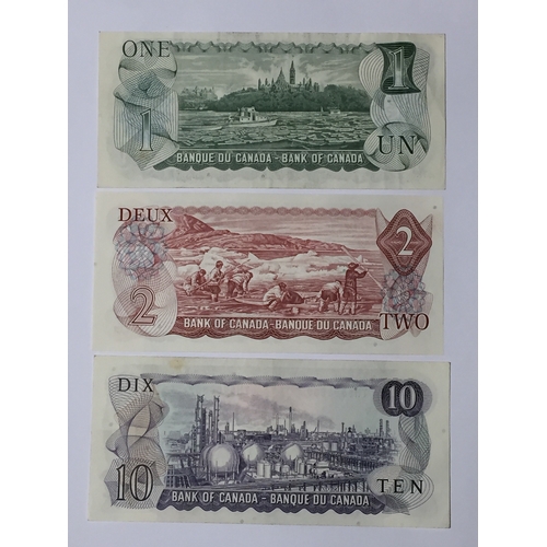 161 - Bank Of Canada Early 70's One , Two And Ten Dollar Notes All Uncirculated Condition. (3)