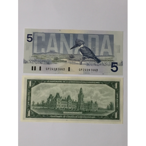 163 - Bank Of Canada Kingfisher 5 Dollar Note 1986 Uncirculated Along With A 1967 Uncirculated 1 Dollar No... 