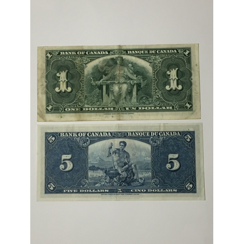 167 - George V1 Bank Of Canada Dollars, One Dollar Note EXF  And A Five Dollar Note Uncirculated Both 1937... 