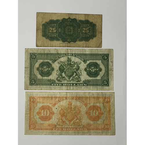 169 - Three Canadian Notes To Include The Dominion Of Canada 25 Cents 1900  Fine, Royal Bank Of Canada 5 D... 