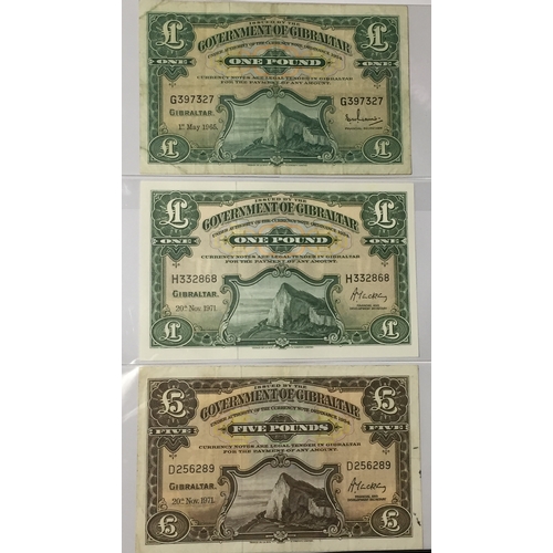 174 - Government Of Gibraltar 1 Pound Note 1965 VF , 1 Pound Note 1971 Uncirculated And A 5 Pound Note 197... 