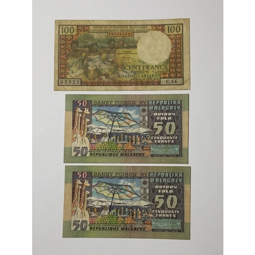 198 - Madagascar Notes To Include 2 X Consecutive 50 Frances 1974  Both Uncirculated Along With A 1966 100... 