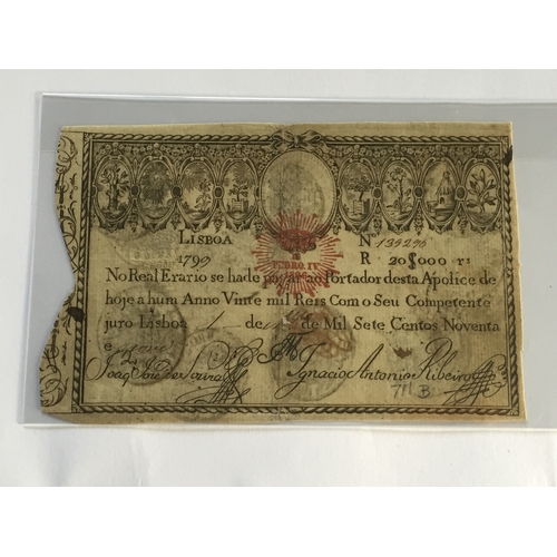 229 - Portugal 20000 reis issued 1826 (old date 1799) series No.139296, War of the 2 Brothers, Fine