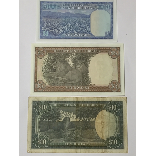 249 - Reserve Bank Of Rhodesia Dollar  System 1 , 5 , 10 Dollar Notes. One And Five Dollar UNC Ten Fine (3... 